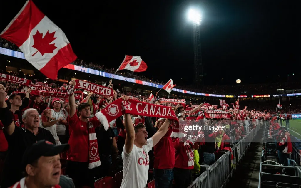 夜晚主场看台上的加拿大球迷挥舞旗帜与围巾，紧张而热烈的比赛氛围